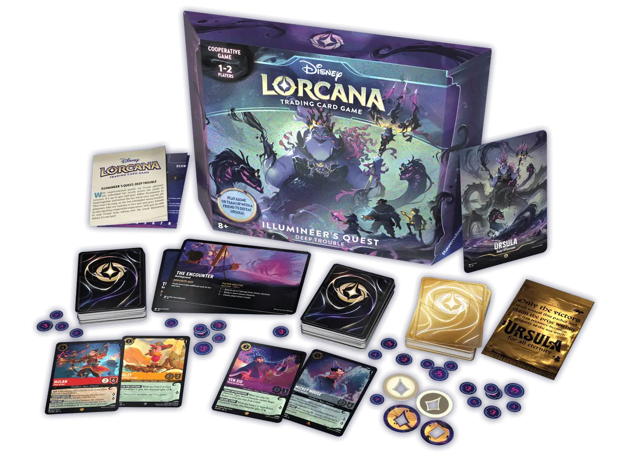 Disney Lorcana: Illumineer's Quest: Deep Trouble - Ursula’s Return (oversized ursula card, ursula scenario deck, 2 Lorcana TCG decks, oversized double-sided battleground cards, Deep Trouble playmat and more}