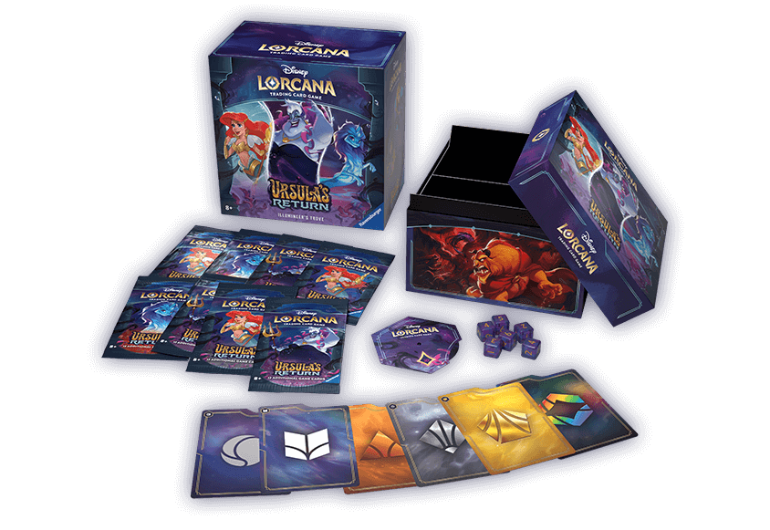 Disney Lorcana: Ursula's Return Illumineer’s Trove box contents: 1 Card storage box, 6 Card Dividers, 8 Booster packs of 12 additional game cards each, 6 Damage-counter dice, 1 Lore counter