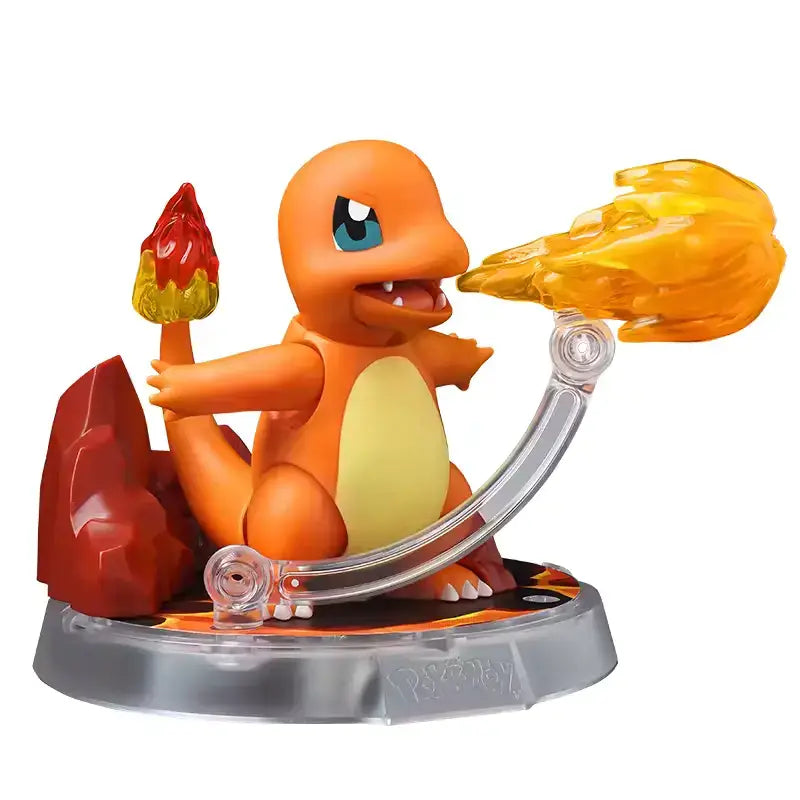 blokees pokemon charmander shooting a fireball on a display base with lava rocks