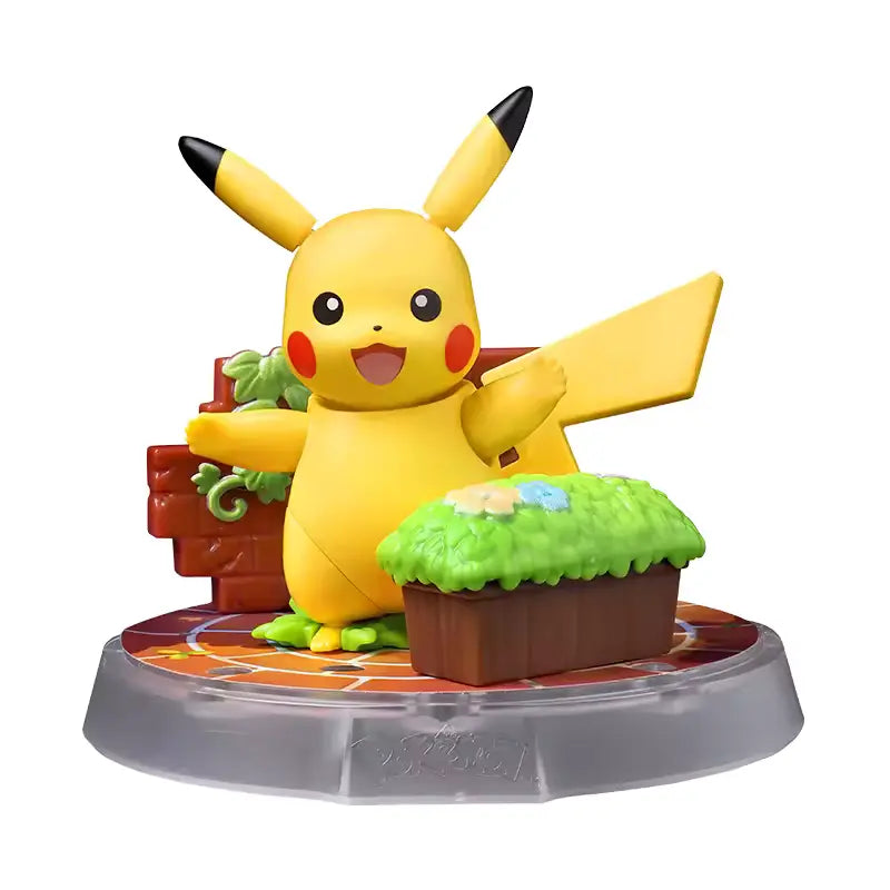 blokees pokemon pikachu on base with flower box and brick wall display