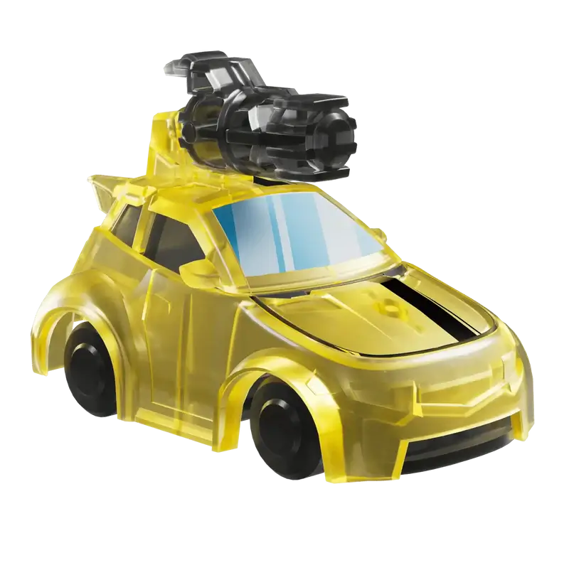 Transformers Bumblebee in a translucent yellow toy car mode with black blaster on rooftop