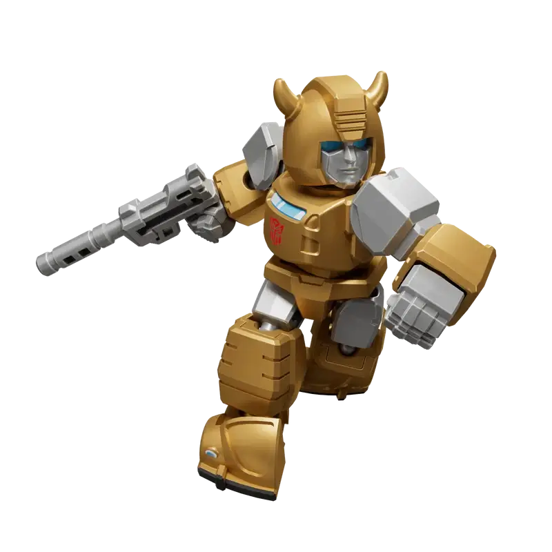 Transformers bumblebee in a gold and silver color scheme in robot mode