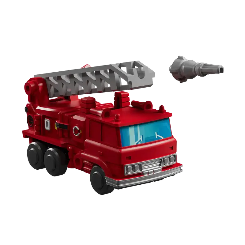 Transformers Inferno red toy fire truck with a gray ladder and gray nozzle