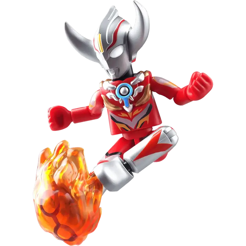 Ultraman Orb Burnmite toy figure with red and silver armor, with a flaming object on the foot