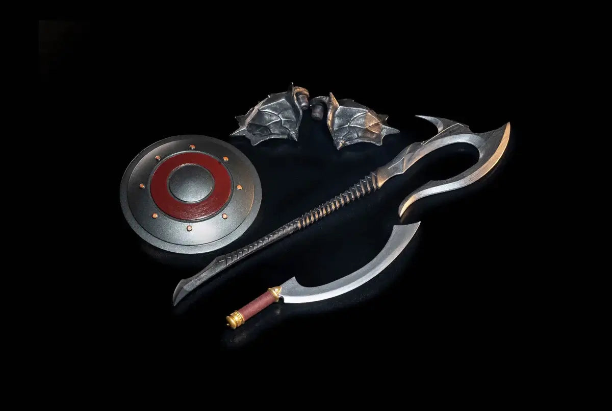 four horsemen studios mythic legions all stars 5 lady avarona action figure accessories - Pair of shoulder pauldrons, axe, sword, shield