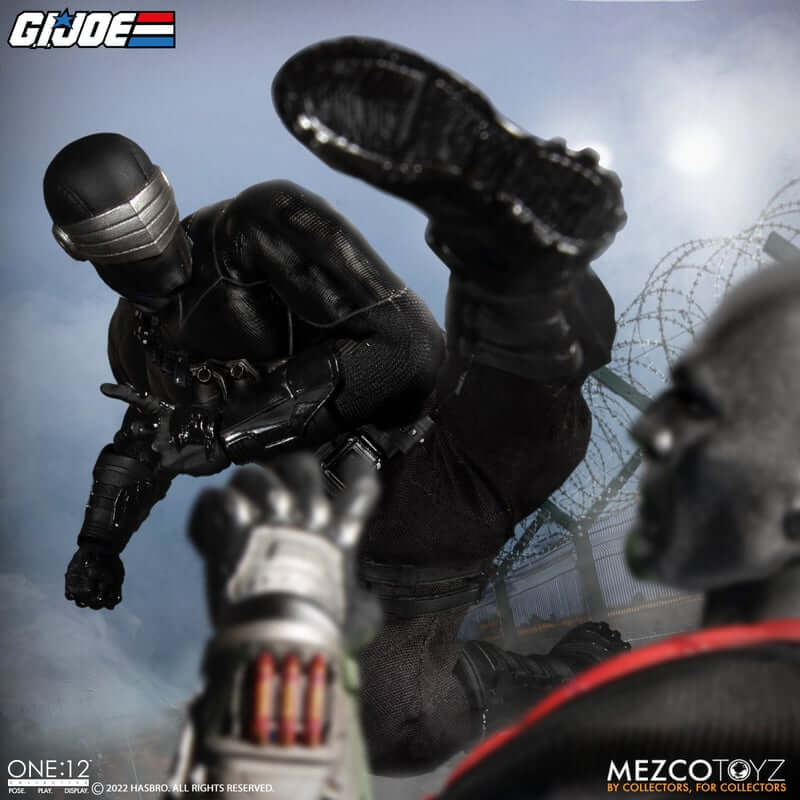 mezco one:twelfth collective gi joe snake eyes action figure kicking mezco destro action figure