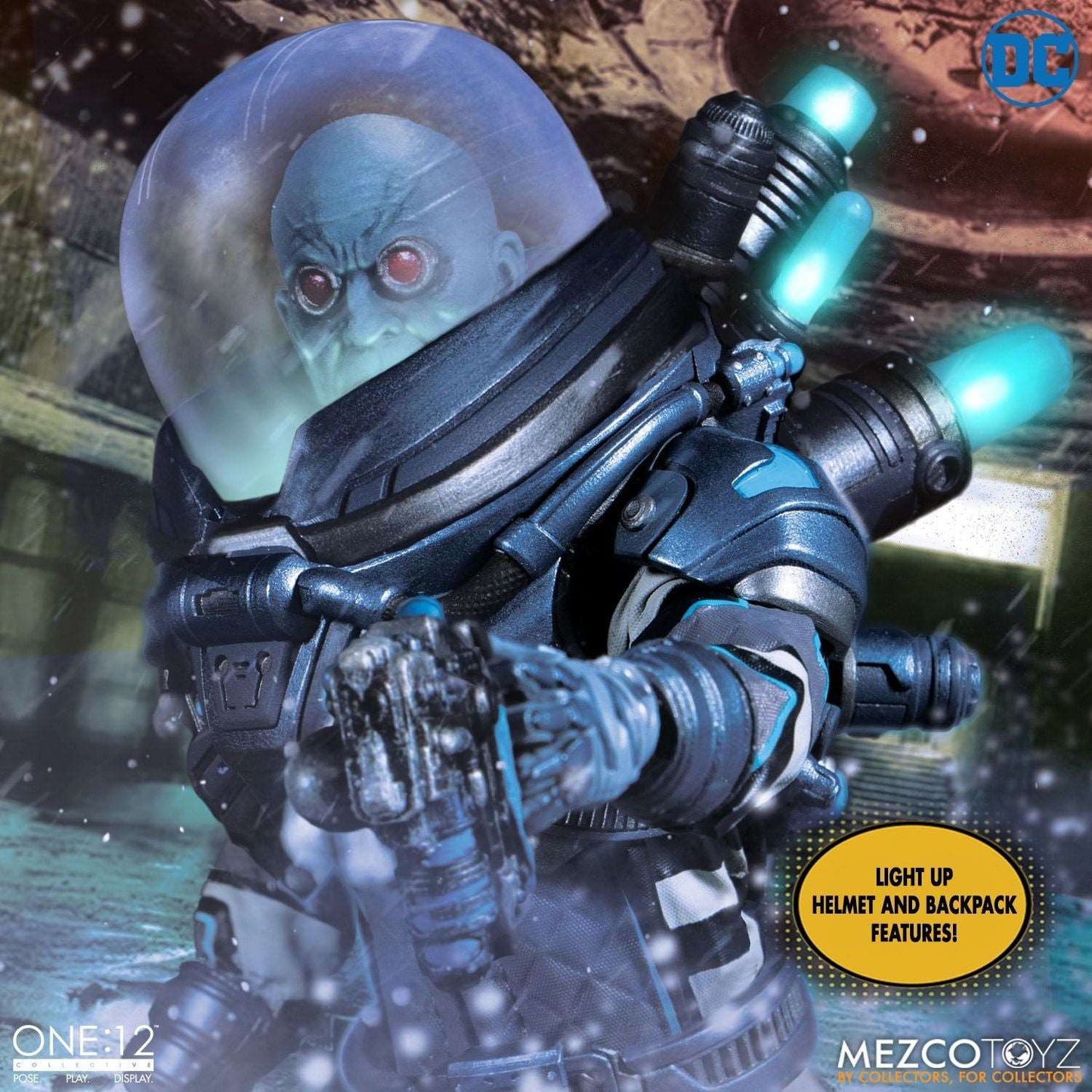 mezco one twelfth Mr. Freeze figure light up helmet and backpack features