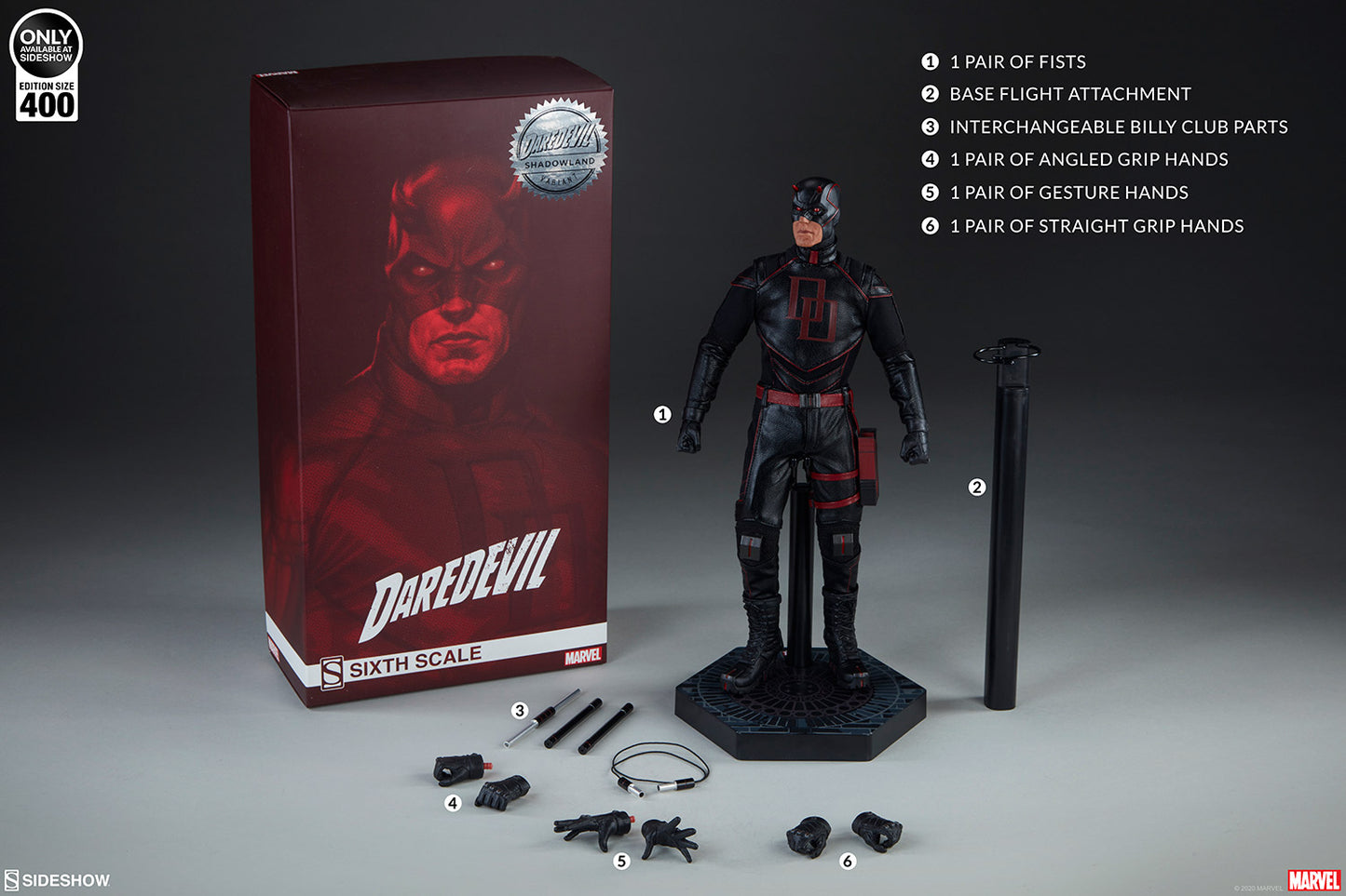 Daredevil: Shadowland Sixth Scale Figure with accessories and packaging