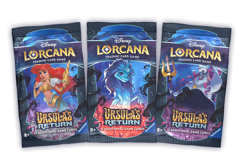 Disney Lorcana Ursulas Return Booster pack - artwork featuring ursula, the little mermaid and raya the last dragon