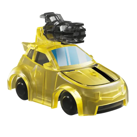 Transformers Bumblebee in a translucent yellow toy car mode with black blaster on rooftop 