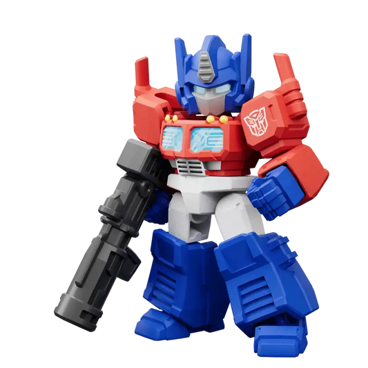 Transformers Optimus Prime toy figure of a robot with red, blue, and white colors, holding a blaster rifle