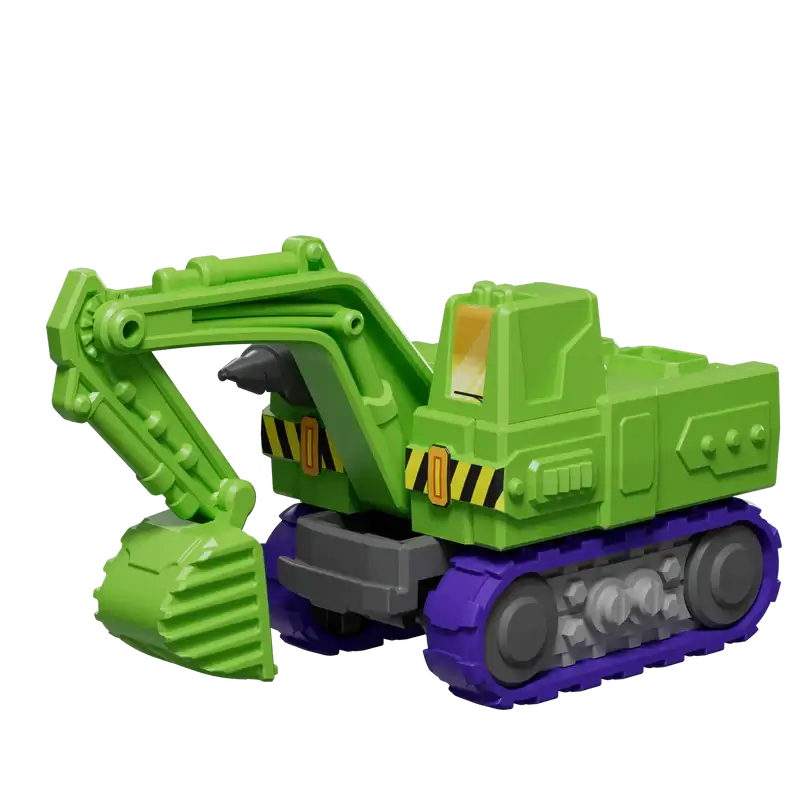 Transformers Scavenger toy excavator with green body, purple tracks, and green bucket 