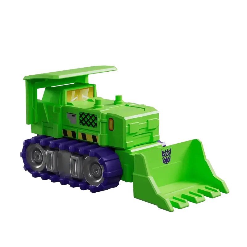 Transformers Bonecrusher toy bulldozer with green body and purple tracks