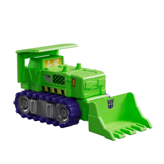 Transformers Bonecrusher toy bulldozer with green body and purple tracks