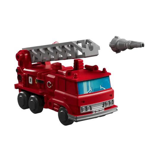 Transformers Inferno red toy fire truck with a gray ladder and gray nozzle