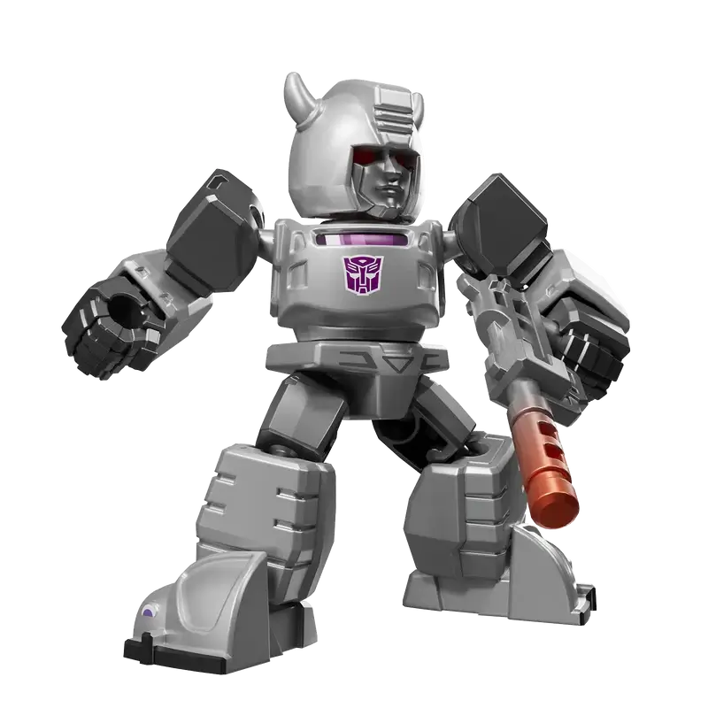 Transformers Shattered Glass Bumblebee toy robot figure with a silver head and gray body, and purple accents