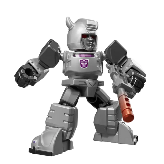 Transformers Shattered Glass Bumblebee toy robot figure with a silver head and gray body, and purple accents