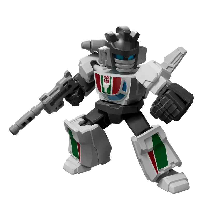 Tranformers Wheeljack toy robot figure with a white and gray color scheme that has red and green accents