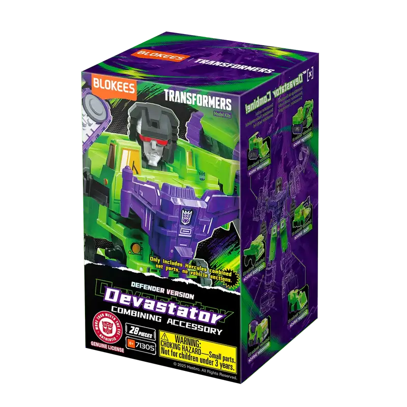 Boxed toy figure of Devastator from Transformers with purple and green design