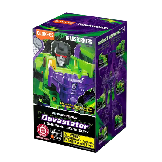Boxed toy figure of Devastator from Transformers with purple and green design