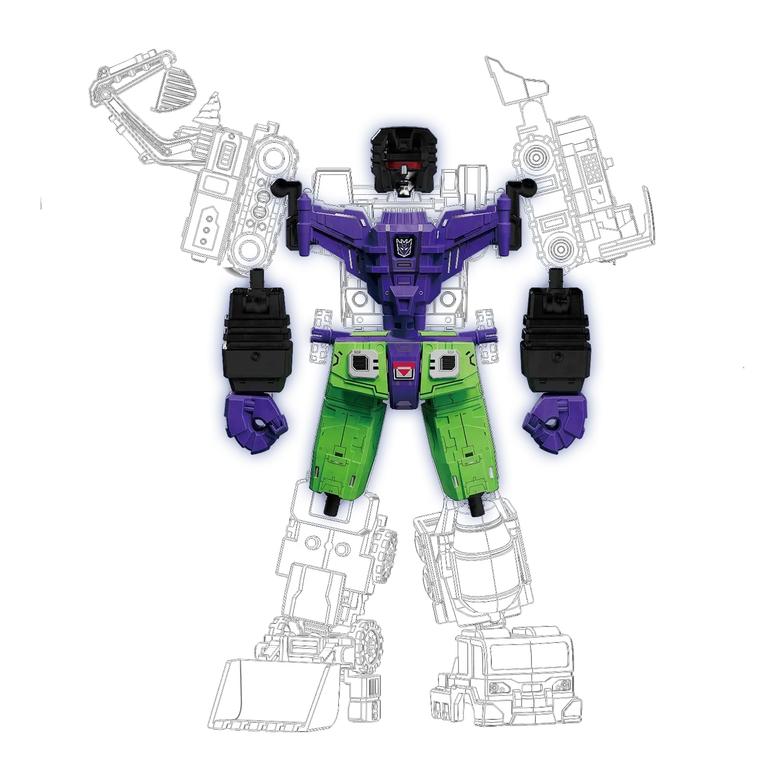Transformers Devastator accessories on  a white outline of Devastator to highlight which pieces are the add on parts