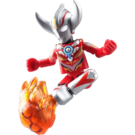 Ultraman Orb Burnmite toy figure with red and silver armor, with a flaming object on the foot
