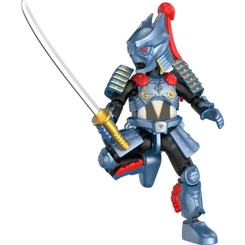 Zamsher toy figure in blue and red armor holding a sword 