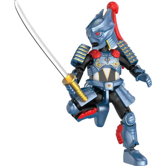 Zamsher toy figure in blue and red armor holding a sword 