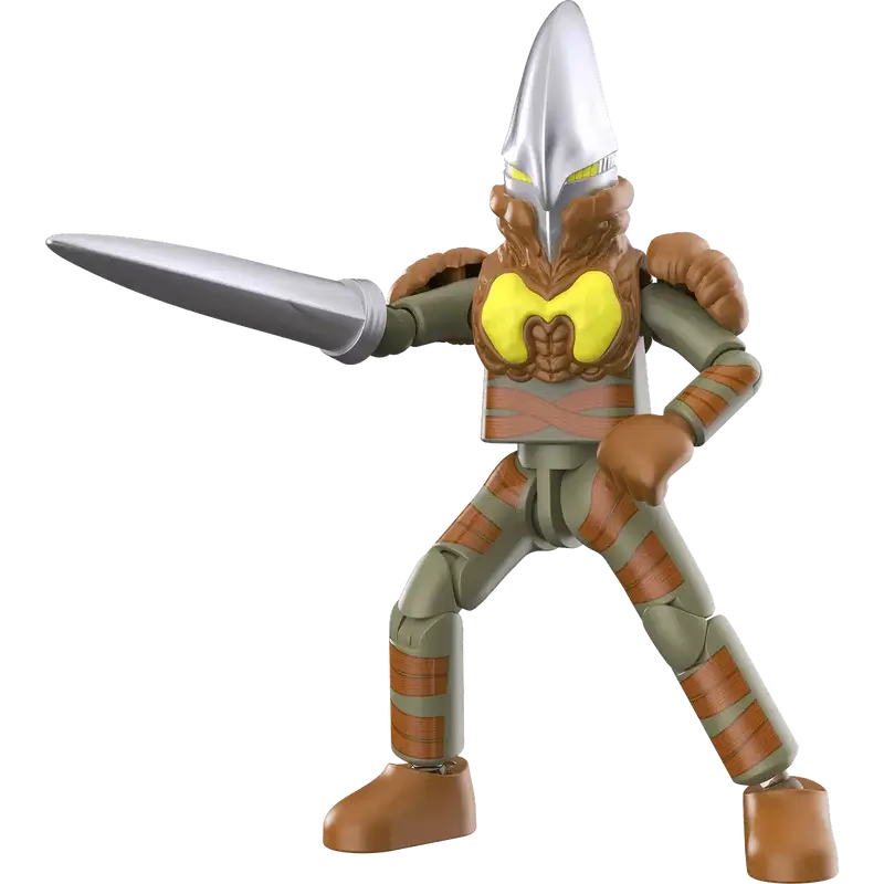 Zangill alien toy figure with olive green and brown color scheme with a sword arm
