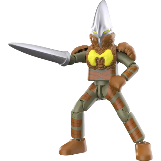 Zangill alien toy figure with olive green and brown color scheme with a sword arm