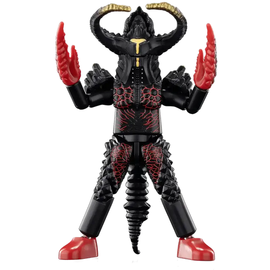 Kaiju monster Toy figure with 2 horns and a tail. monster features a black and red design