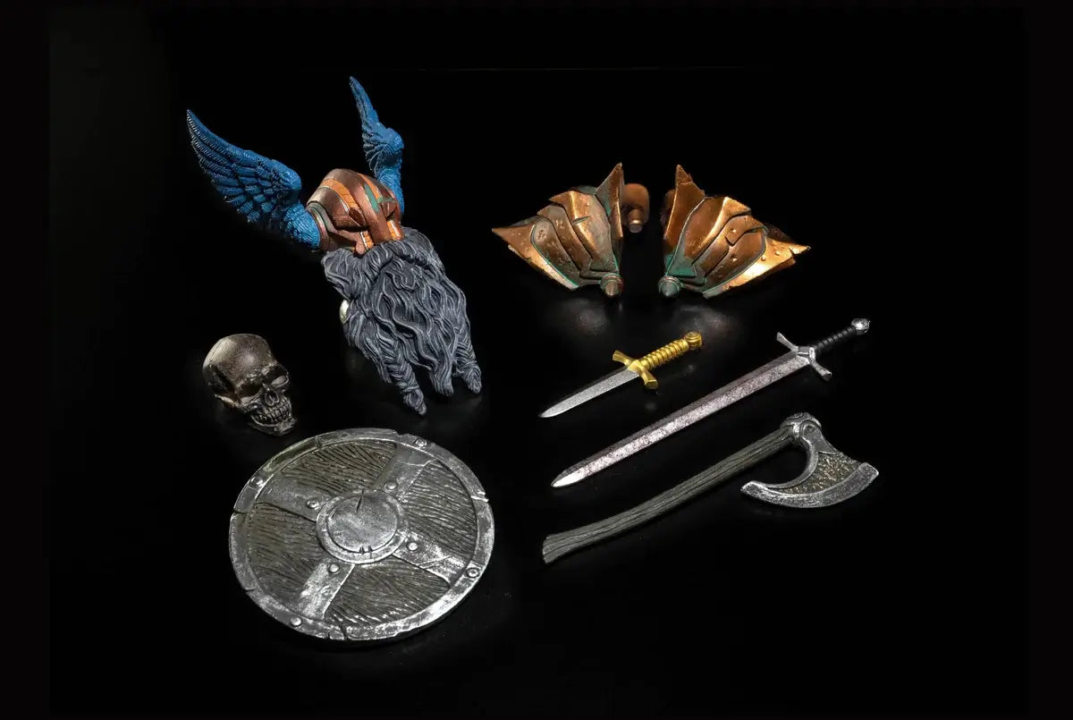 four horsemen studios mythic legions all stars 5 ilgarr accessories skeleton head, dwarven helmet head, axe, sword, dagger and shield