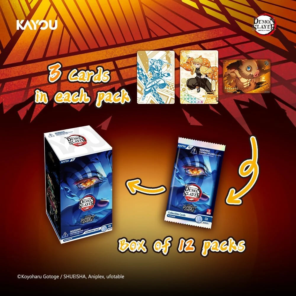 Kayou Demon Slayer Infinity Castle - 3 cards per pack  and 12 packs in a booster box - on orange textured background