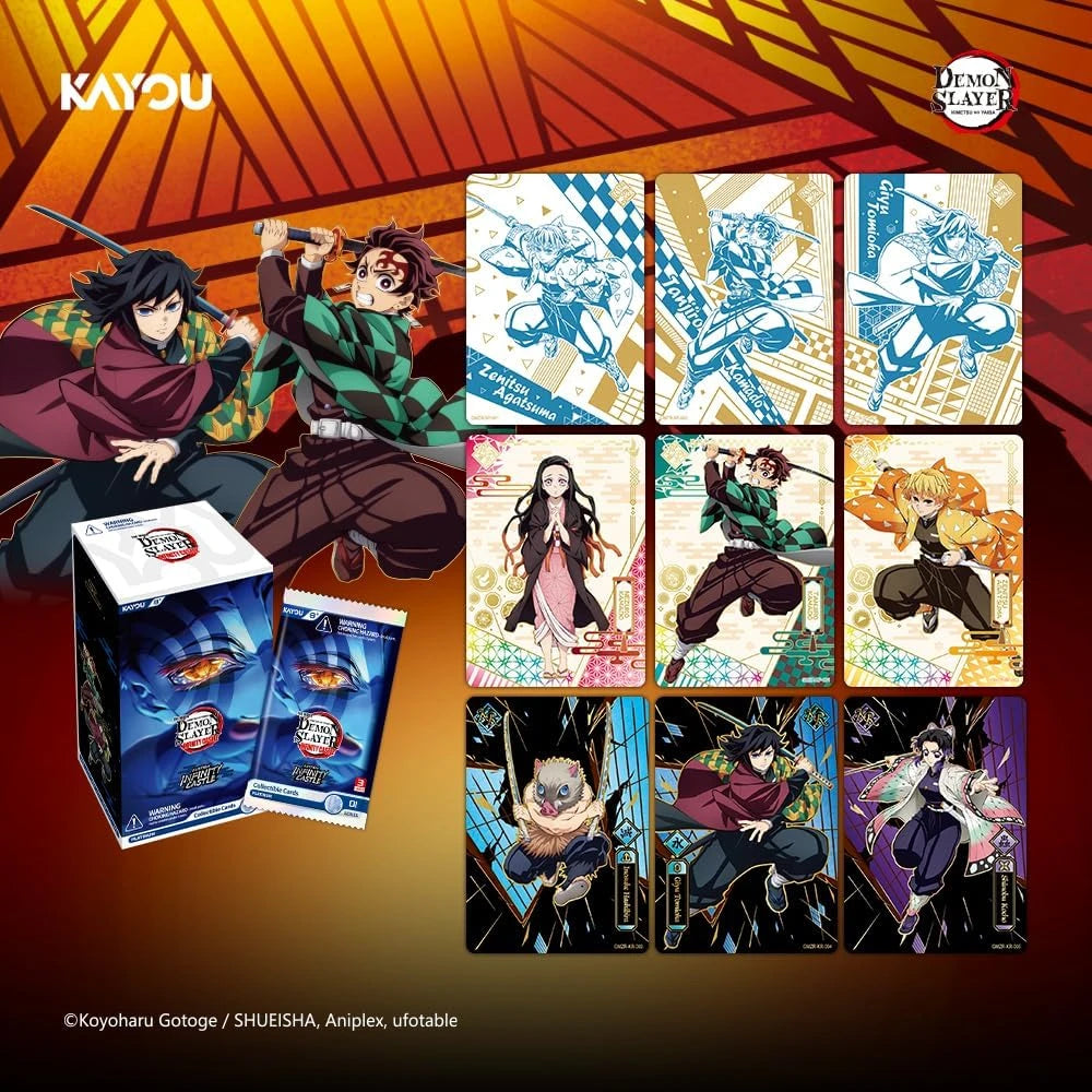 Kayou Demon Slayer Infinity Castle different rarity cards on orange textured background