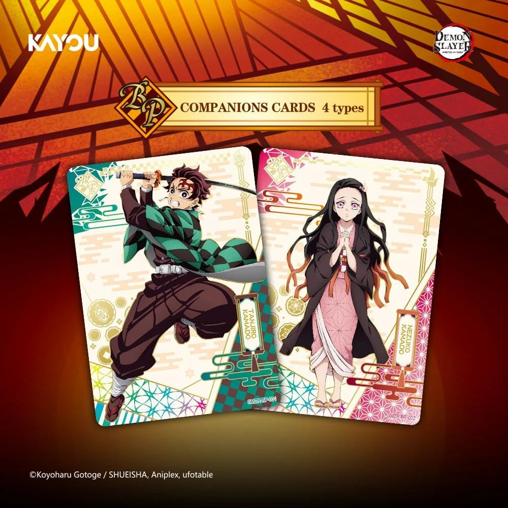 Kayou Demon Slayer Infinity Castle Companion Cards: Tanjiro and Nezuko on orange textured background
