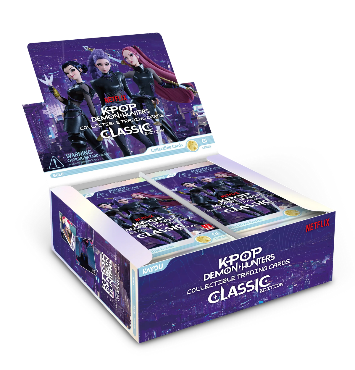 K-POP Demon Hunters Collectible Trading Cards Classic Edition display box with two inner packs visible, featuring purple anime artwork and Netflix branding on a white background.