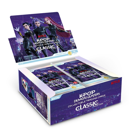 K-POP Demon Hunters Collectible Trading Cards Classic Edition display box with two inner packs visible, featuring purple anime artwork and Netflix branding on a white background.