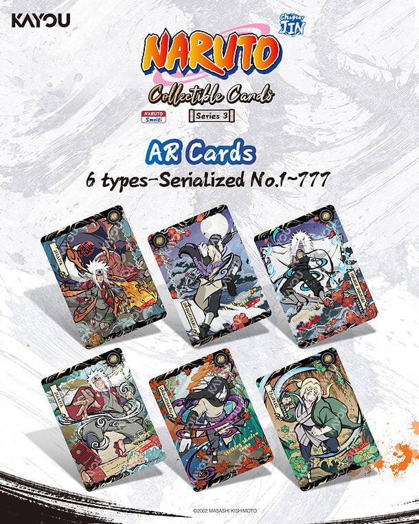 Naruto collectible cards with AR feature on a white background. AR cards, 6 types serialized no. 1-777