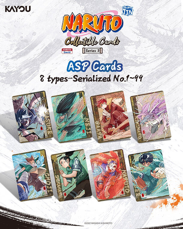 Naruto Collectible Cards Series 3. ASP cards 8 types-serialized No.1-99 card set by KAYOU, featuring eight illustrated cards with various Naruto characters on a textured white background.