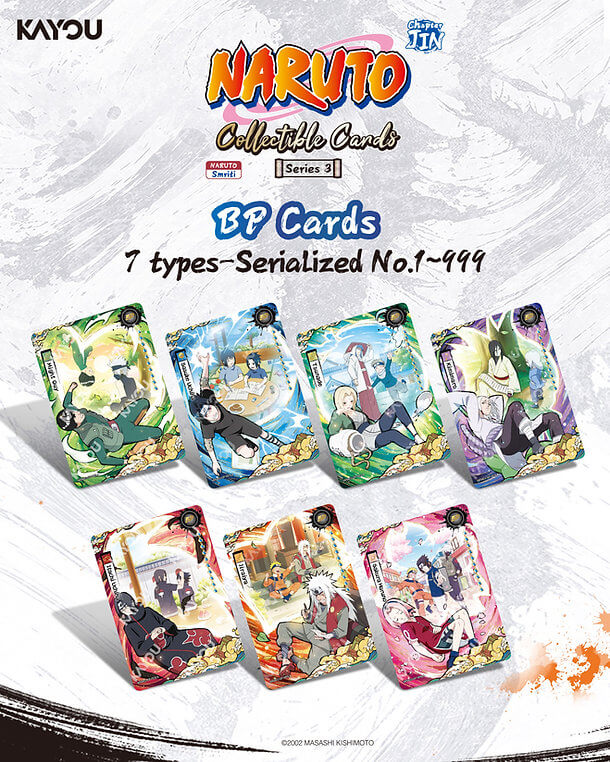 Naruto collectible card packs with character illustrations on a white background. BP cards, 7 types serialized no. 1-999