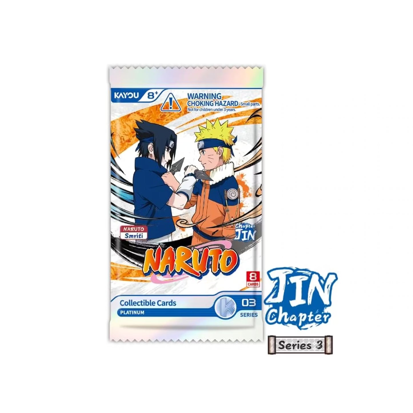 A Naruto collectible card booster pack from the Jin Chapter Series 3 set, featuring Sasuke Uchiha and Naruto Uzumaki on the front, displayed on a clean white background with a Jin Chapter Series 3 logo overlay.