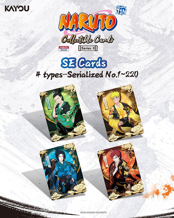 Naruto collectible SE cards with characters on a white background. 4 types serialized no. 1-220