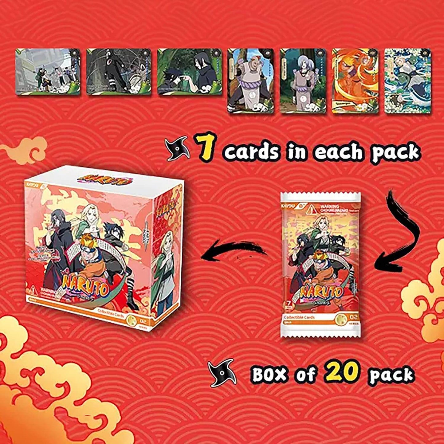Naruto trading card pack box and single pack display on a red patterned background, with text indicating 7 cards in each pack and a box of 20 packs. Small card previews line the top.
