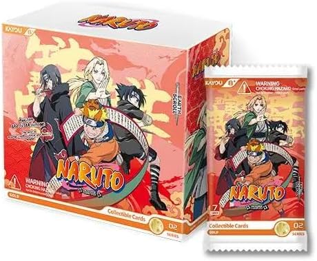 Naruto collectible trading card box with a matching booster pack displayed in front on a plain white background. The packaging features anime characters from Naruto and includes visible Naruto and KAYOU branding.