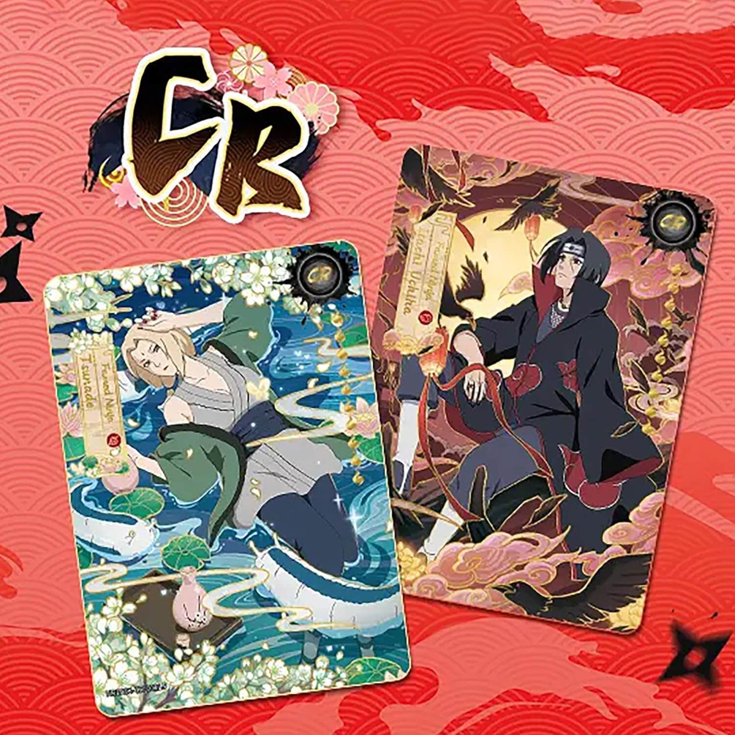 Two illustrated anime-style cards displayed on a red patterned background, with a stylized 'CR' logo in the upper left. One card shows a blonde character in a light gray outfit among blue water and white flowers; the other shows a dark-haired character in a black and red cloak surrounded by warm-toned foliage and clouds.