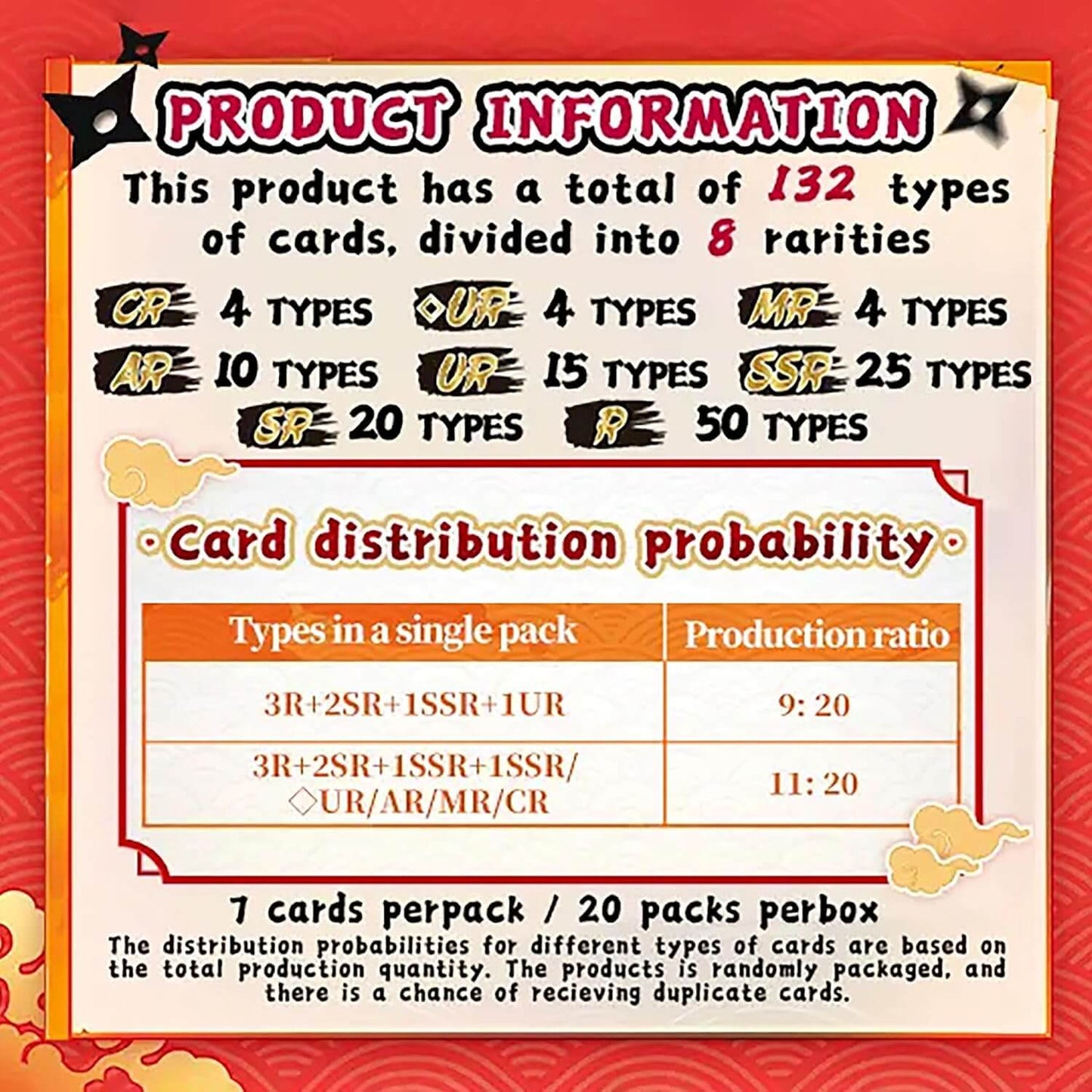 Product information graphic for Naruto Earth Scroll Series 2 card set, showing the title 'PRODUCT INFORMATION' and details about 132 card types divided into 8 rarities with distribution probabilities and pack counts. Rarirty types are: CR 4 types, Diamond UR 4 types, MR 4 types, AR 10 types, UR  15 types, SSR 25 types, SR 20 types and R 50 types.