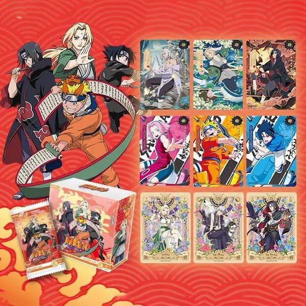 Naruto-themed trading card set and booster pack packaging displayed on a red patterned background, with multiple illustrated cards and a box featuring anime characters.
