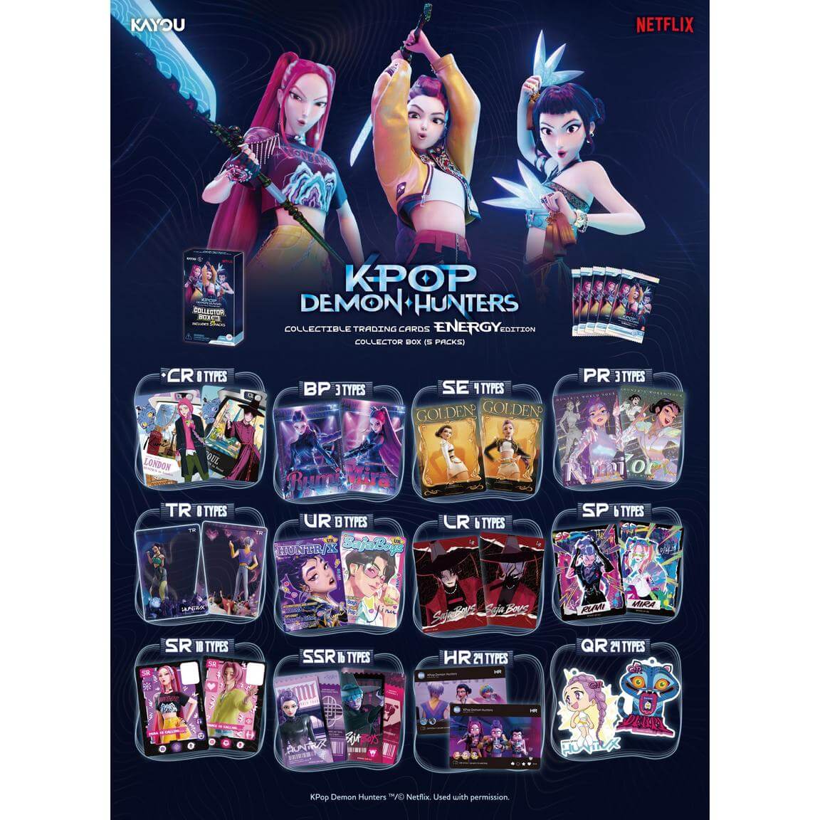 K-pop Demon Hunters Energy Collection Box & Packs promotional graphic featuring anime-style characters and multiple pack thumbnails with the different rarity types on a dark blue background, with Kayou and NETFLIX logos visible.