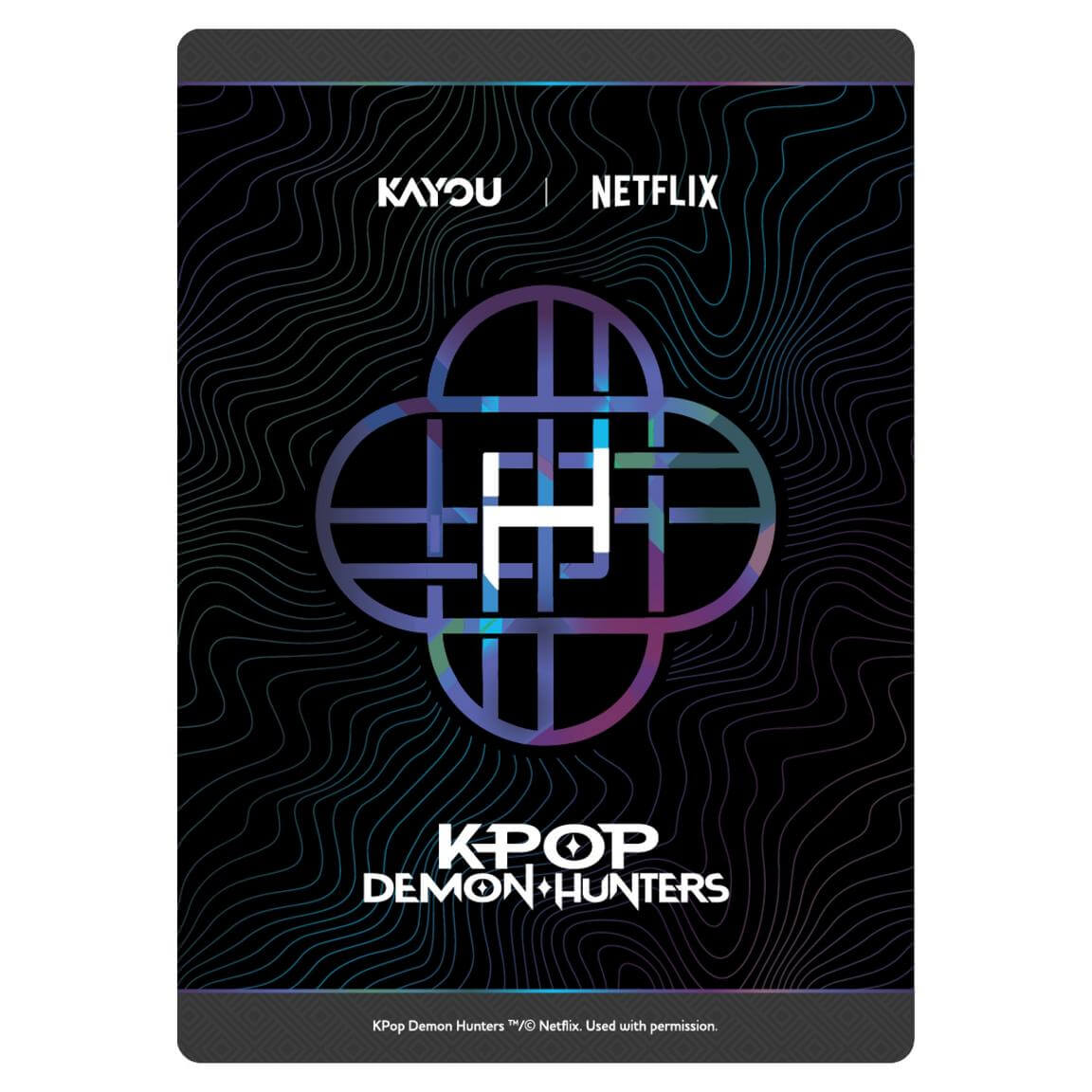 A rectangular black K-pop poster or cover design for 'K-pop Demon Hunters' featuring the K-pop logo in a purple and blue gradient, with 'KAYOU | NETFLIX' text at the top and 'KPOP DEMON HUNTERS' at the bottom.