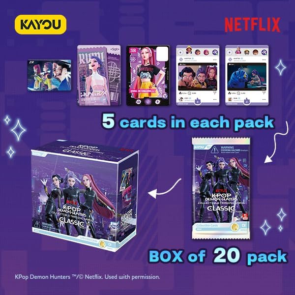 Promotional image of KPop Demon Hunters trading cards by Kayou with Netflix branding on a purple background. Booster box contains 20 packs and 5 cards per pack.